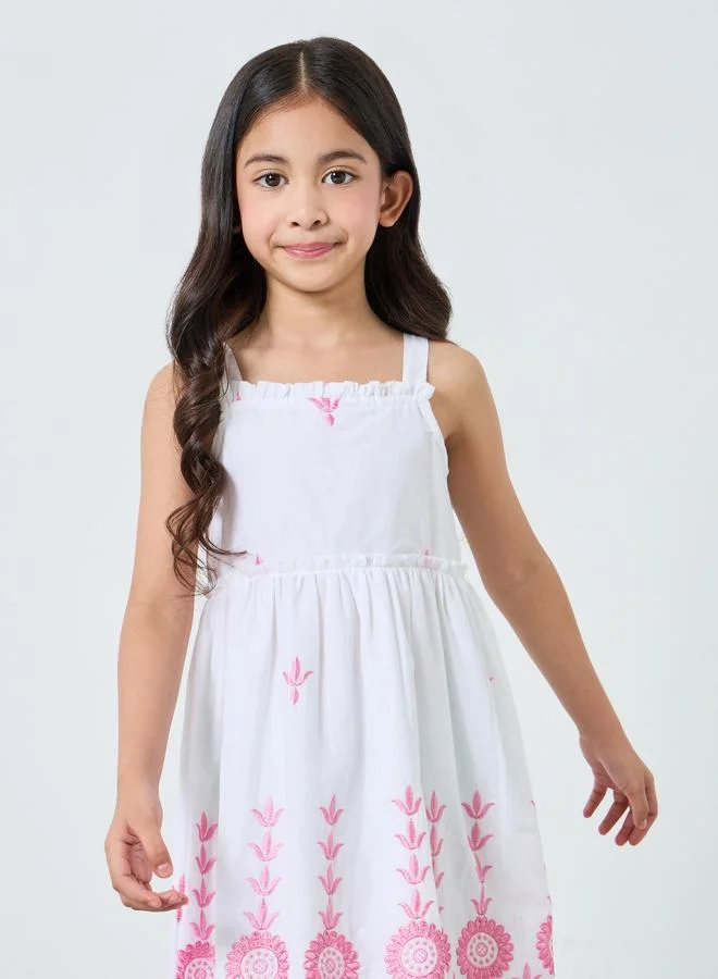Styli Girls White Embroidered Hem Strappy A-Line Dress